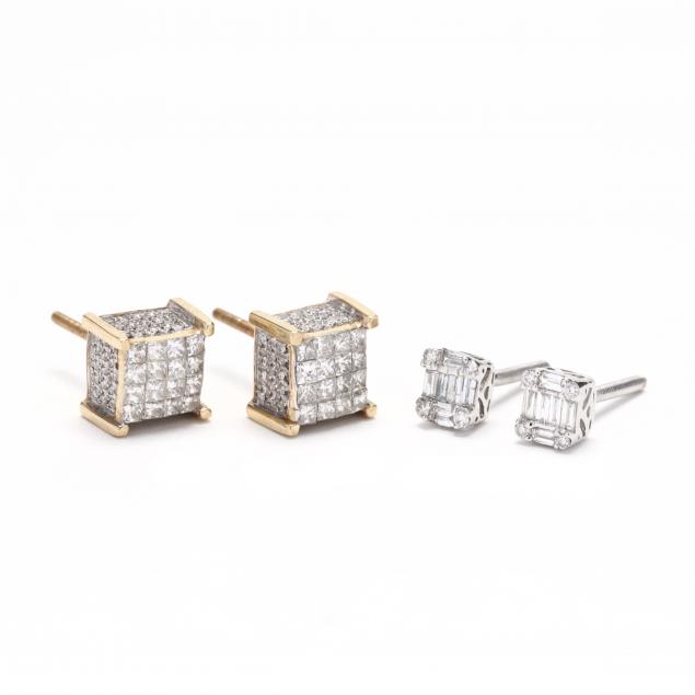 two-pairs-of-gold-and-diamond-stud-earrings