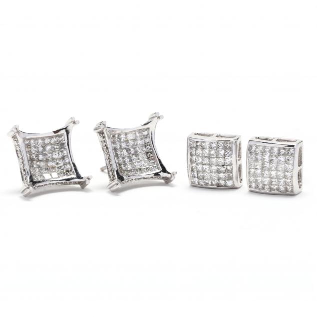 two-pairs-of-white-gold-and-diamond-stud-earrings