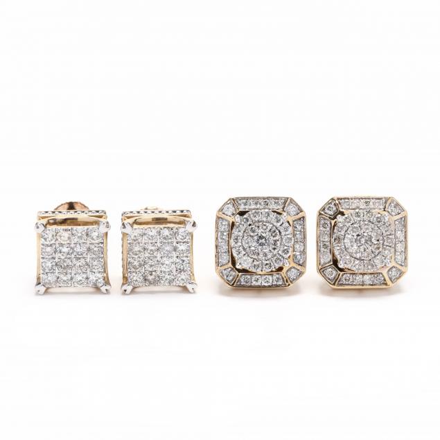 two-pairs-of-gold-and-diamond-stud-earrings