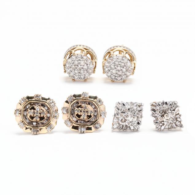 three-pairs-of-gold-and-diamond-stud-earrings