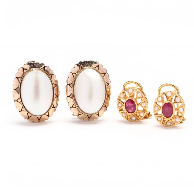 two-pairs-of-gold-gem-set-earrings