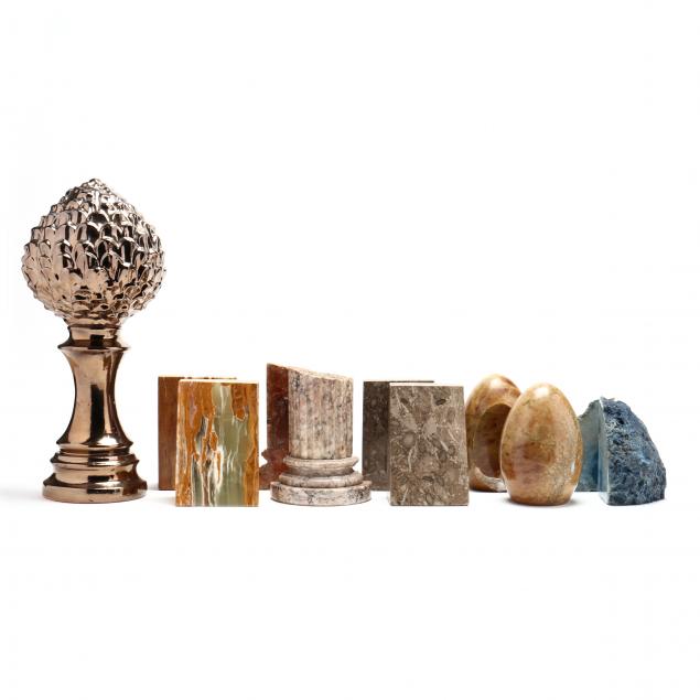 five-pairs-of-stone-bookends-and-ceramic-artichoke