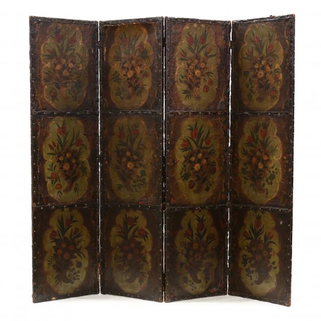 antique-continental-painted-leather-four-panel-floor-screen