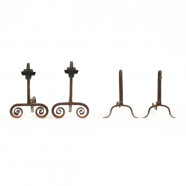 two-pair-of-vintage-iron-andirons