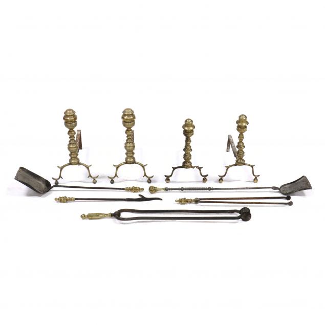 two-pair-of-antique-brass-andirons-and-fireplace-tools