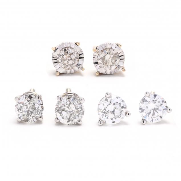 three-pairs-of-gold-and-diamond-stud-earrings