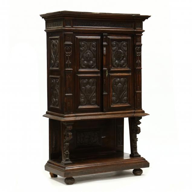 continental-renaissance-revival-walnut-and-embossed-tin-court-cupboard