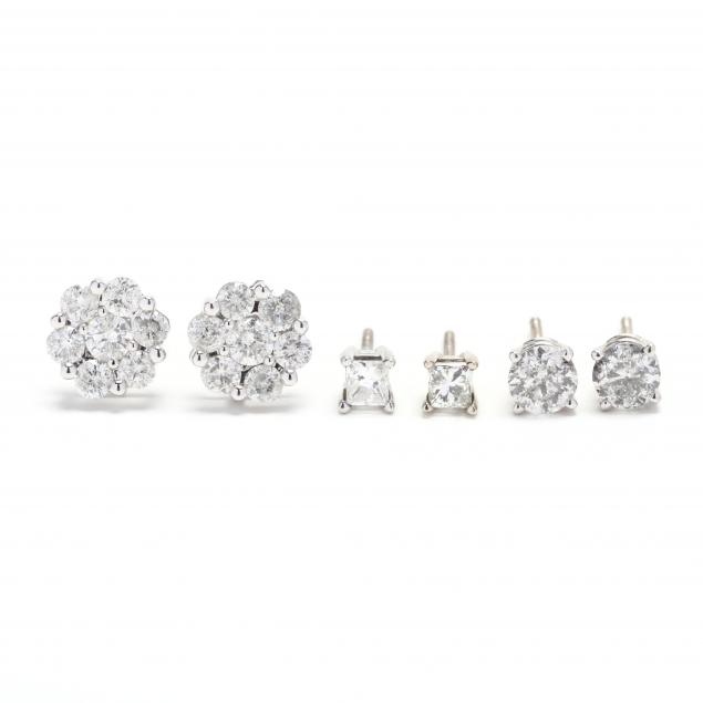 three-pairs-of-white-gold-and-diamond-stud-earrings