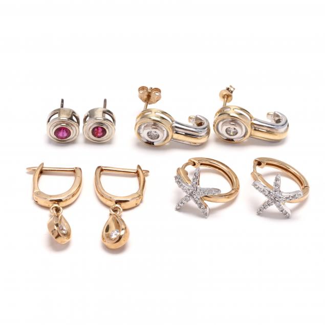 four-pairs-of-gold-and-gem-set-earrings