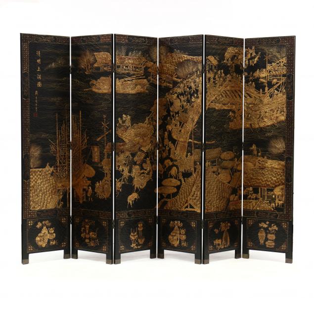 chinese-lacquered-and-gilt-six-panel-floor-screen