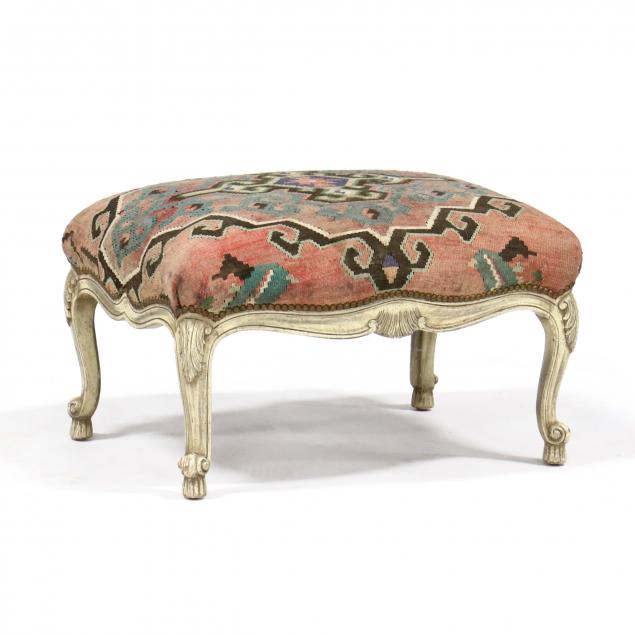 louis-xv-style-carved-and-painted-ottoman-with-kilim-upholstery
