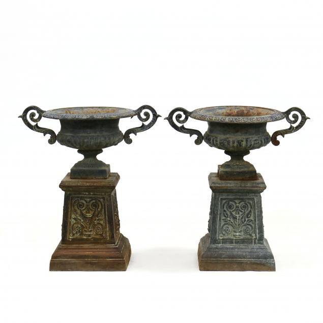 pair-of-classical-style-iron-double-handled-urns-on-stands