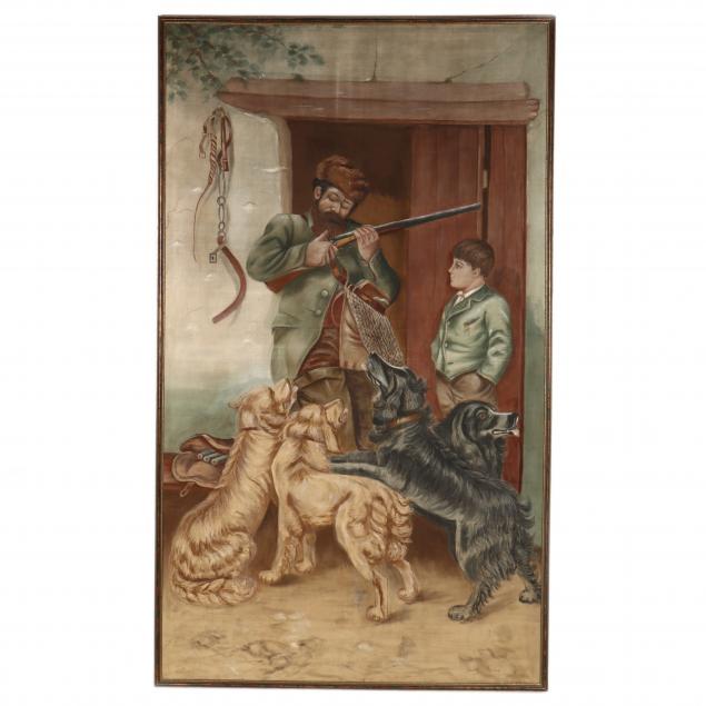a-near-life-size-tapestry-style-painting-of-a-huntsman-with-child-and-dogs
