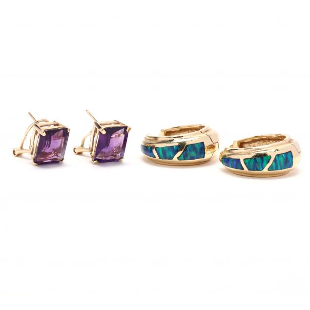 two-pairs-gold-and-gem-set-earrings