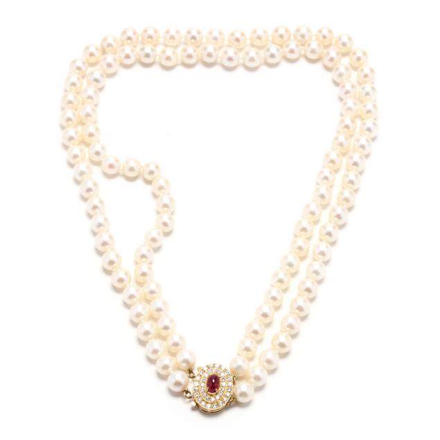double-strand-cultured-pearl-necklace-with-gold-and-gem-set-clasp