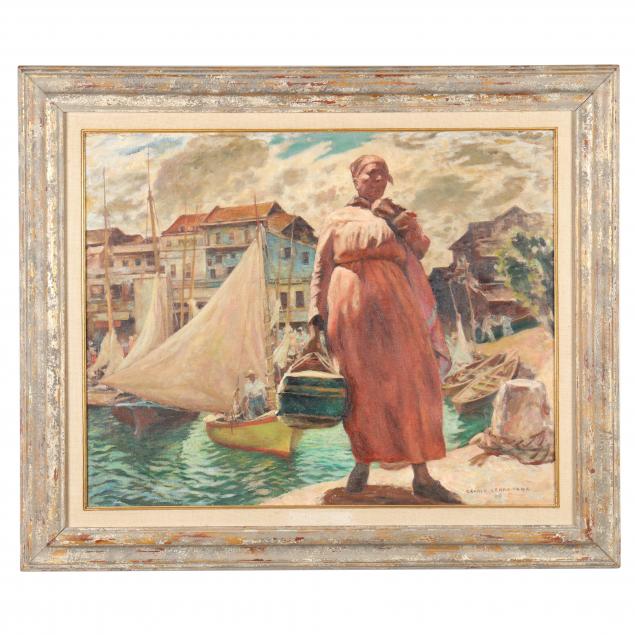 gerald-leake-english-american-1885-1975-portrait-of-woman-by-a-harbor