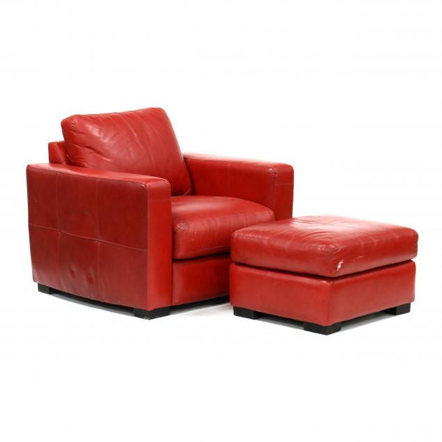 Red Leather Club Chair And Ottoman Lot, Leather Club Chair And Ottoman