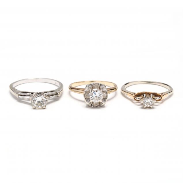 three-gold-and-diamond-solitaire-rings