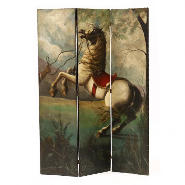 three-panel-painted-rearing-horse-floor-screen