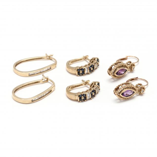 three-pairs-of-yellow-gold-and-gem-set-earrings
