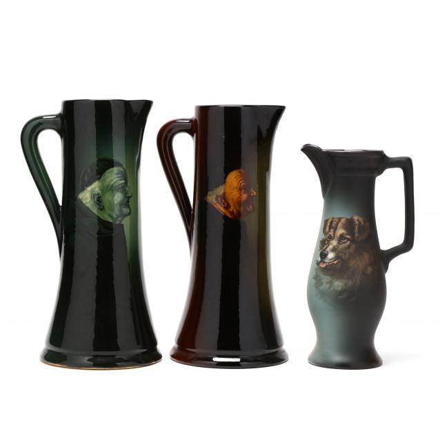 three-zanesville-pottery-tall-pitchers-la-moro-line