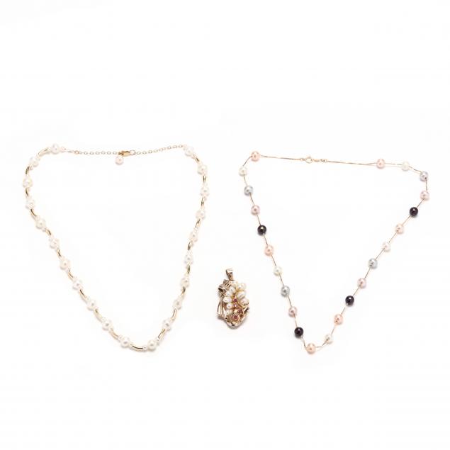 two-gold-and-pearl-station-necklaces-and-a-pearl-and-gem-set-pendant