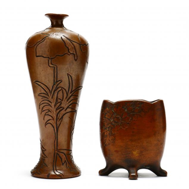 two-j-b-owens-clewell-copper-clad-vases