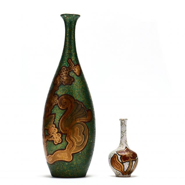 two-j-b-owens-opalescence-inlaid-vases