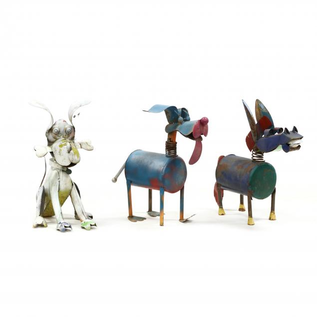 three-found-art-painted-metal-yard-animals