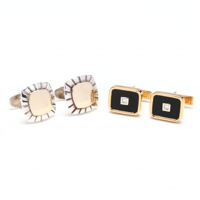 pair-of-gold-and-gem-set-cufflinks-and-a-pair-of-silver-and-gold-cufflinks