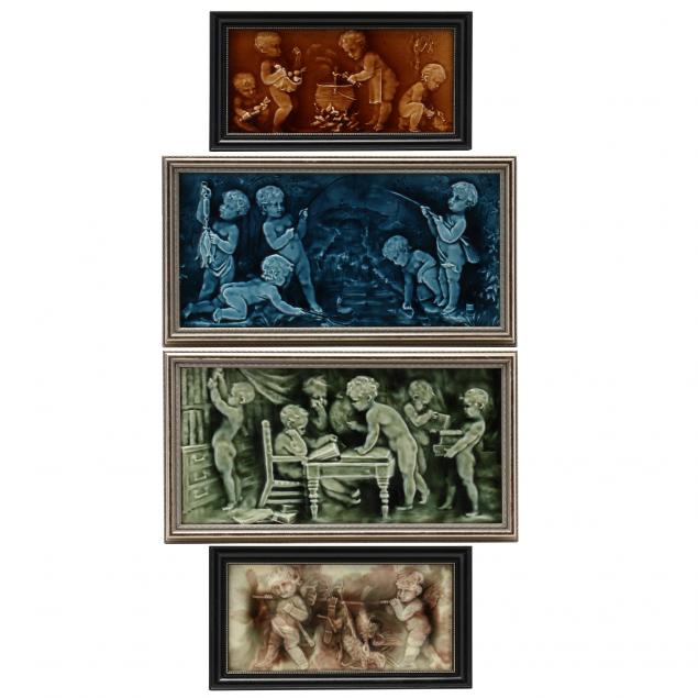 four-majolica-tile-plaques-of-putti-narrative-scenes