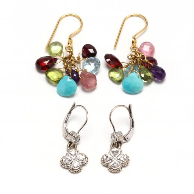 two-pairs-of-gold-and-gem-set-dangle-earrings