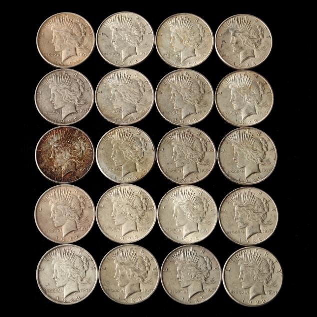 twenty-circulated-common-date-peace-silver-dollars