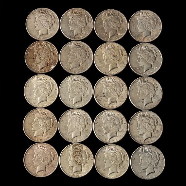 twenty-circulated-common-date-peace-silver-dollars