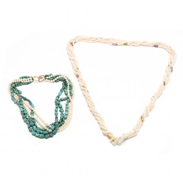 two-pearl-and-colored-stone-necklaces