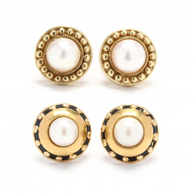 two-pairs-of-gold-and-pearl-stud-earrings-signed
