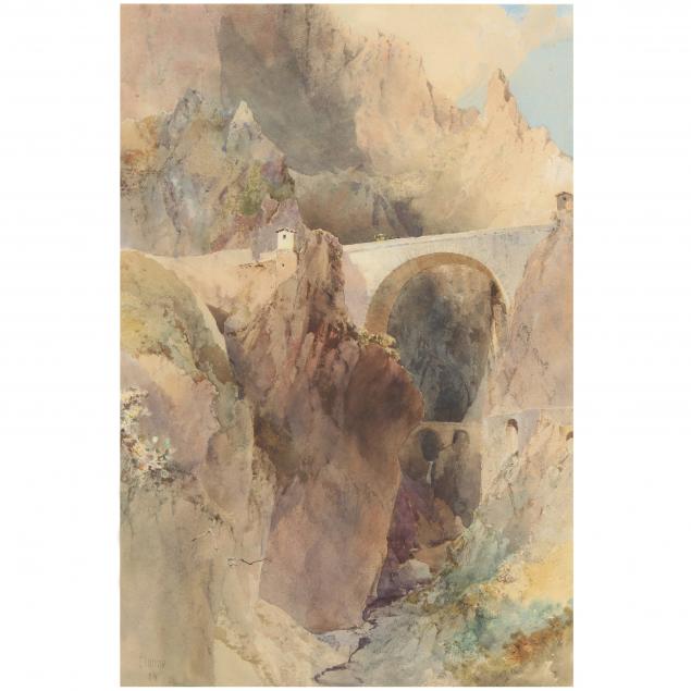 continental-school-antique-watercolor-of-a-rocky-ravine-bridge