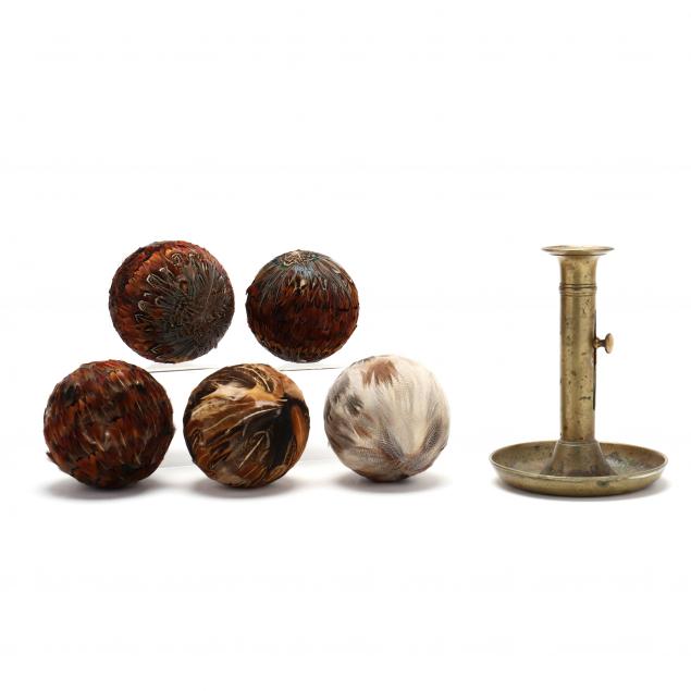 antique-brass-hogscraper-candlestick-and-five-pheasant-feather-balls
