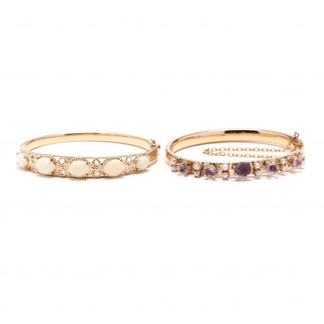 two-gold-and-gem-set-bangle-bracelets