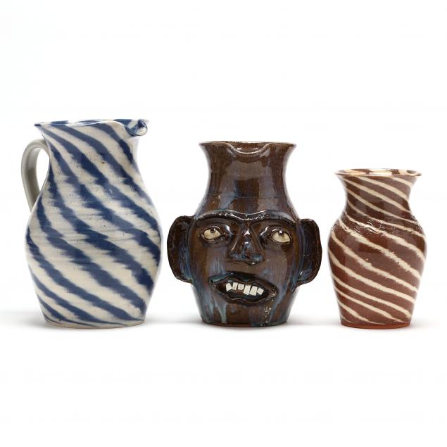 folk-pottery-face-jug-and-two-swirl-pieces-charles-lisk-vale-nc