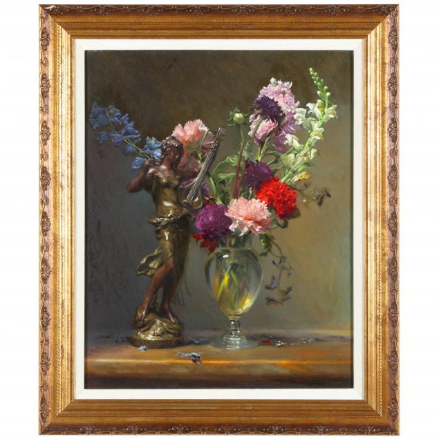 michael-aviano-american-born-1927-still-life-with-flowers-and-classical-sculpture