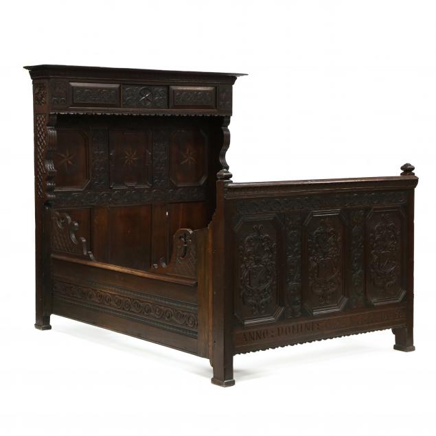antique-jacobean-style-carved-and-inlaid-walnut-full-size-bed