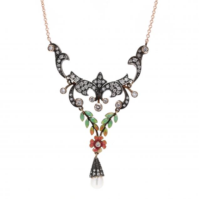 silver-topped-gold-diamond-and-enamel-lavalier-necklace