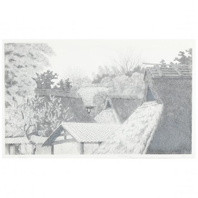 ryohei-tanaka-japanese-1933-2019-etching-of-japanese-farm-houses