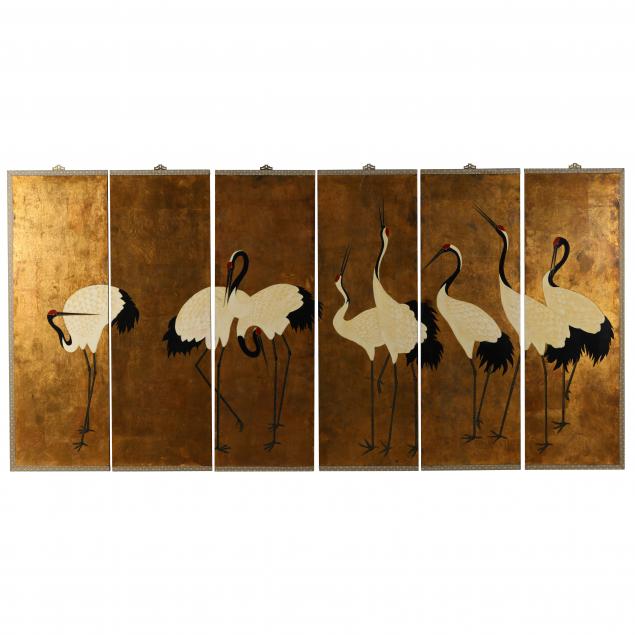 a-chinese-six-panel-screen-depicting-a-dance-of-cranes