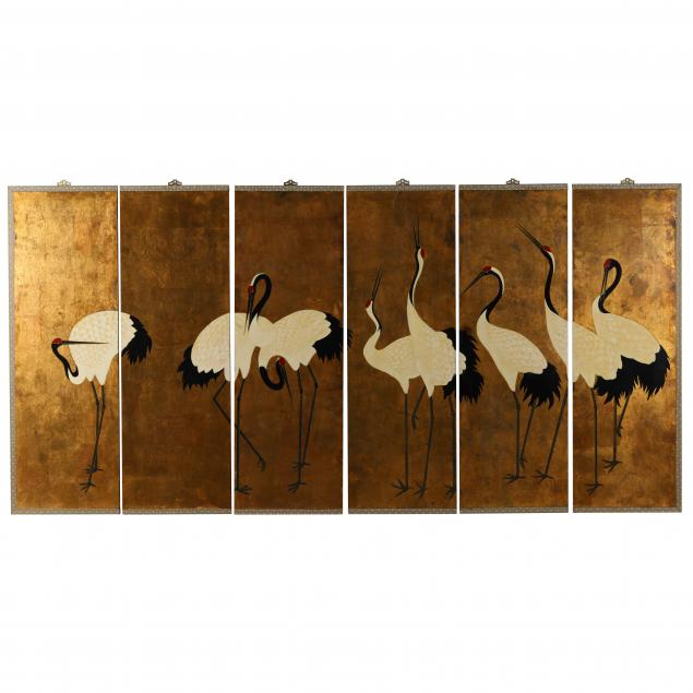 a-chinese-six-panel-screen-depicting-a-dance-of-cranes