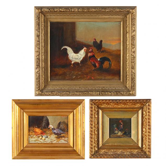 three-small-paintings-celebrating-the-barnyard-antics-of-poultry