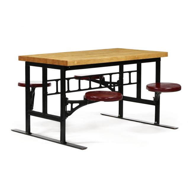 vintage-industrial-butcher-block-table-with-swing-out-seats