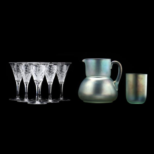 boudoir-art-glass-pitcher-and-etched-crystal-cordial-stems