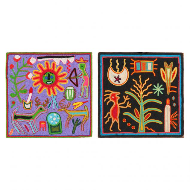 two-huichol-yarn-paintings-with-book-i-huichol-indian-sacred-rituals-i